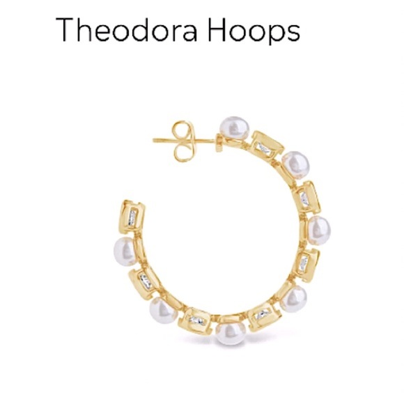 Sterling Forever Jewelry - Sterling Silver Theodora 14K gold plated cubic zirconia pearl Hoop Earrings
